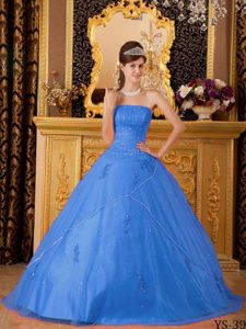 Azul Corte A / Princesa Estrapless Hasta El Suelo Tul Vestido De Quinceañera