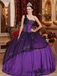 Púrpura Vestido De Fiesta Un Sólo Hombro Tafetán Y Organdí Bordado Y Vestido De Quinceañera