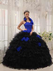 Dark Azul Y Negro Vestido De Fiesta Cabestro Hasta El Suelo Tafetán Y Organdí Hand Floress Vestido De Quinceañera
