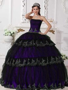 Púrpura Vestido De Fiesta Estrapless Hasta El Suelo Tafetán Y Tul Vestido De Quinceañera