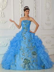 Exquisito Vestido De Fiesta Estrapless Hasta El Suelo Bordado Azul Aqua Vestido De Quinceañera