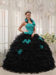 Cerceta Y Negro Vestido De Fiesta Cabestro Hasta El Suelo Tafetán Y Organdí Hand Floress Vestido De Quinceañera