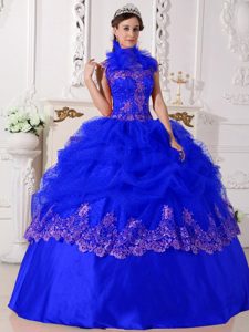 Azul Real Vestido De Fiesta Cabestro Hasta El Suelo Tafetán Bordado Y Vestido De Quinceañera
