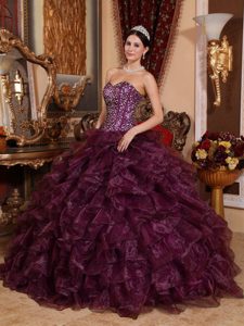 Púrpura Oscuro Vestido De Fiesta Dulceheart Hasta El Suelo Organdí Lentejuelas Vestido De Quinceañera