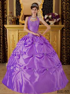 Púrpura Vestido De Fiesta Cabestro Hasta El Suelo Tafftea Vestido De Quinceañera