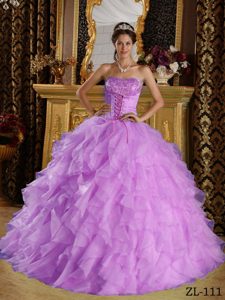 Púrpura Vestido De Fiesta Estrapless Hasta El Suelo Satén Y Organdí Bordado Con Bordado Vestido De Quinceañera