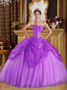 Púrpura Vestido De Fiesta Dulceheart Hasta El Suelo Lentejuelas Y Tul Handle Floress Vestido De Quinceañera