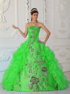 Exquisito Vestido De Fiesta Estrapless Hasta El Suelo Bordado Verde Vestido De Quinceañera