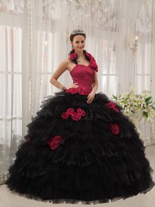 Rojo Y Negro Vestido De Fiesta Cabestro Hasta El Suelo Tafetán Y Organdí Hand Floress Vestido De Quinceañera