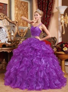 Púrpura Vestido De Fiesta Un Sólo Hombro Hasta El Suelo Organdí Bordado Vestido De Quinceañera