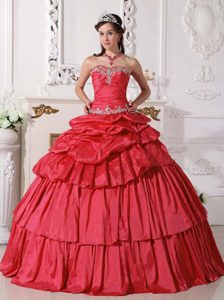 Rojo Vestido De Fiesta Dulceheart Hasta El Suelo Tafetán Bordado Y Ruch Desmontable Vestido De Quinceañera