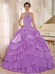 Cabestro Púrpura Pleat Vestido De Quinceañera Con Beaded Bodice