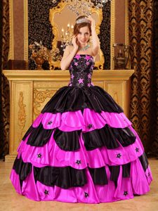 Negro Y Caliente Rosa Vestido De Fiesta Estrapless Hasta El Suelo Tafetán Bordado Vestido De Quinceañera