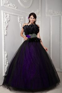 Negro Y Púrpura Vestido De Fiesta Estrapless Hasta El Suelo Tul Bordado Y Pluma Vestido De Quinceañera
