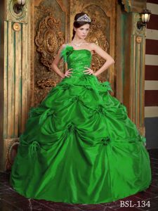 Verde Vestido De Fiesta Estrapless Hasta El Suelo Tafetán Flor Hecha A Manos Vestido De Quinceañera