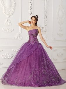 Púrpura Vestido De Fiesta Estrapless Hasta El Suelo Satén Y Organdí Bordado Vestido De Quinceañera