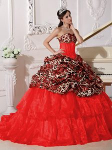 Rojo Vestido De Fiesta Dulceheart Cepillo / Cepillo Tren Leopard Y Organdí Vestido De Quinceañera