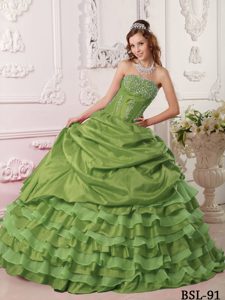 Verde Oliva Vestido De Fiesta Estrapless Hasta El Suelo Tafetán Bordado Vestido De Quinceañera