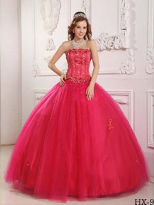 Elegante Vestido De Fiesta Estrapless Hasta El Suelo Tul Bordado Caliente Rosa Vestido De Quinceañera