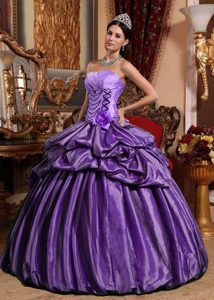 Púrpura Vestido De Fiesta Estrapless Hasta El Suelo Tafetán Flor Hecha A Mano Vestido De Quinceañera