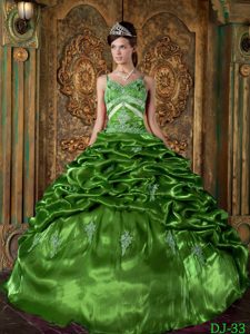 Verde Vestido De Fiesta Strap Hasta El Suelo Tafetán Bordado Vestido De Quinceañera