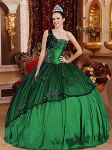 Verde Vestido De Fiesta Un Sólo Hombro Tafetán Y Organdí Bordado Y Vestido De Quinceañera