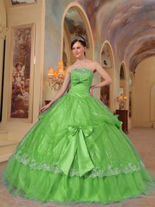 Verde Vestido De Fiesta Estrapless Hasta El Suelo Bows Lentejuelas Y Organdí Vestido De Quinceañera