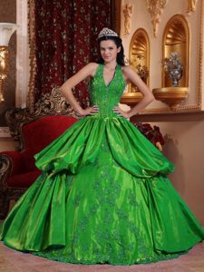 Verde Vestido De Fiesta Cabestro Hasta El Suelo Tafetán Vestido De Quinceañera