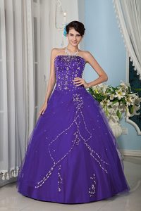 Púrpura Corte A / Princesa Tirantesless Hasta El Suelo Tul Vestido De Quinceañera