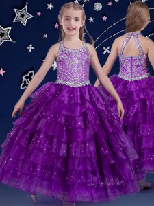 Berenjena púrpura vestidos de fiesta halter top sin mangas de organza piso longitud cremallera rebordear y rizado capas niñas desfile vestidos