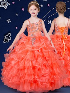 Dramático naranja vestidos de fiesta asimétrica sin mangas de longitud de piso de organza encaje hasta rebordear y acanalado capas de niñas desfile vestido al por mayor