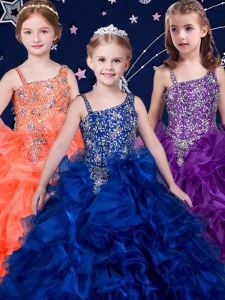 Nueva llegada azul real y púrpura y anaranjado que rebordean sin mangas y ruffles el vestido del desfile de la niña