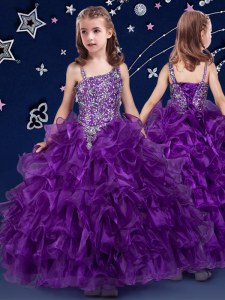 Los vestidos púrpuras sin mangas del vestido del desfile de los vestidos de bola de la longitud del piso rizados atan para arriba