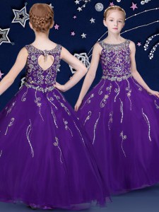 Los vestidos de bola púrpuras estupendos cubren la longitud sin mangas del piso del organza atan para arriba el vestido de desfile de los cabritos que rebordea