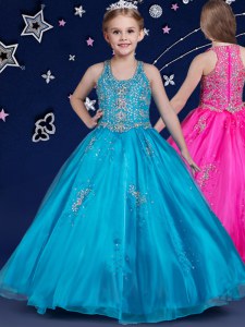 Niza vestidos de fiesta de niña de desfile de vestidos azul cucharada de organza sin mangas de longitud de piso cremallera