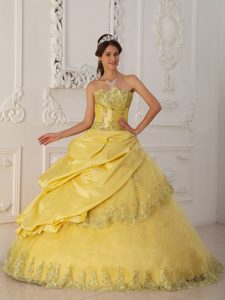 Amarillo Corte A / Princesa Dulceheart Hasta El Suelo Tafetán Y Tul Bordado Vestido De Quinceañera
