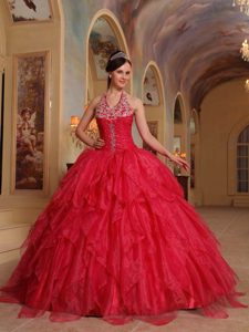 Rojo Vestido De Fiesta Cabestro Hasta El Suelo Organdí Bordado Vestido De Quinceañera