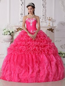 Caliente Rosa Vestido De Fiesta Estrapless Hasta El Suelo Organdí Bordado Con Bordado Vestido De Quinceañera