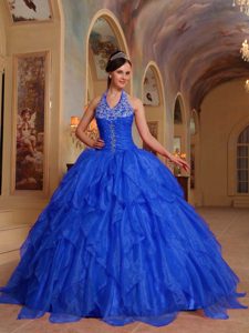 Azul Vestido De Fiesta Cabestro Hasta El Suelo Organdí Bordado Vestido De Quinceañera