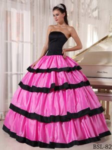 Rose Rosa Y Negro Vestido De Fiesta Estrapless Hasta El Suelo Tafetán Vestido De Quinceañera