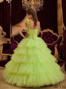 Verde Amarillo Corte A / Princesa Un Sólo Hombro Hasta El Suelo Volantes Vestido De Quinceañera