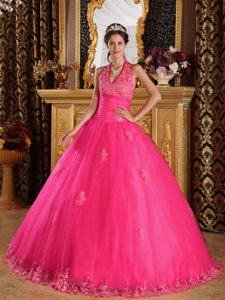 Caliente Rosa Vestido De Fiesta Cabestro Hasta El Suelo Tul Vestido De Quinceañera