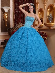 Azul Vestido De Fiesta Estrapless Hasta El Suelo Tejido Con Rolling Floress Bordado Vestido De Quinceañera