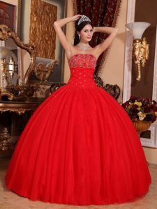 Rojo Vestido De Fiesta Estrapless Hasta El Suelo Tul Bordado Vestido De Quinceañera