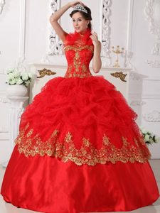 Rojo Y Oro Vestido De Fiesta Cabestro Hasta El Suelo Tafetán Bordado Y Vestido De Quinceañera