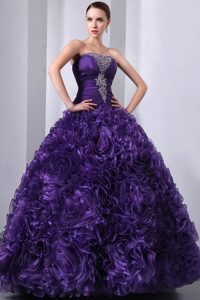 Púrpura Corte A / Princesa Estrapless Hasta El Suelo Organdí Bordado Y Flor Hecha A Manos Quinceanea Vestido