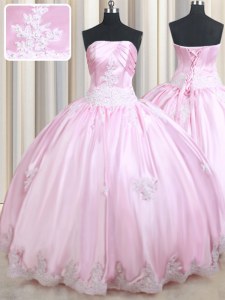 Los vestidos de boda del bebé rosados ​​appliques los vestidos de la quinceañera atan para arriba la longitud sin mangas del piso del tafetán
