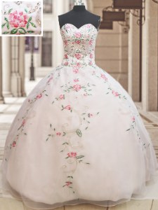 Blanco atractivo ata para arriba 15 vestido del quinceanera que rebordea y longitud sin mangas del piso del bordado