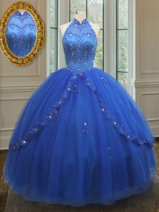 Alto cuello ver a través de azul real hasta el vestido de quinceañera perlas y appliques longitud del piso sin mangas
