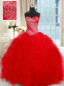 La longitud sin mangas del piso de Tulle del amor dulce rojo del vestido del dulce 16 de los vestidos de bola rizados atractivos ata para arriba